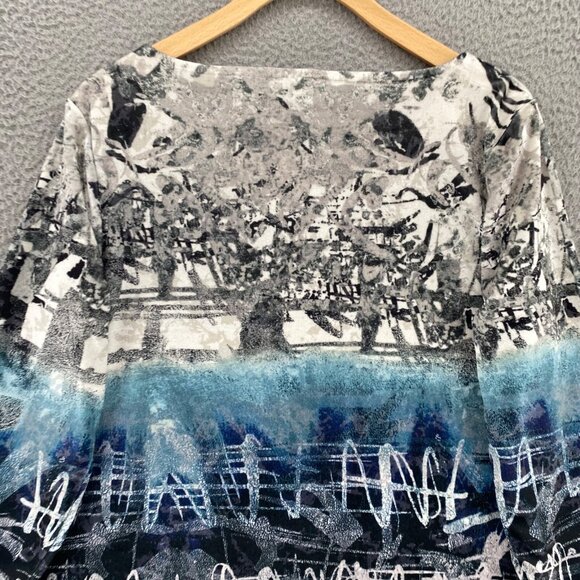 Chicos Top Womens 1 US 8 Blue Abstract Art Velvet 3/4 Sleeves Pullover Stretch - Picture 4 of 9